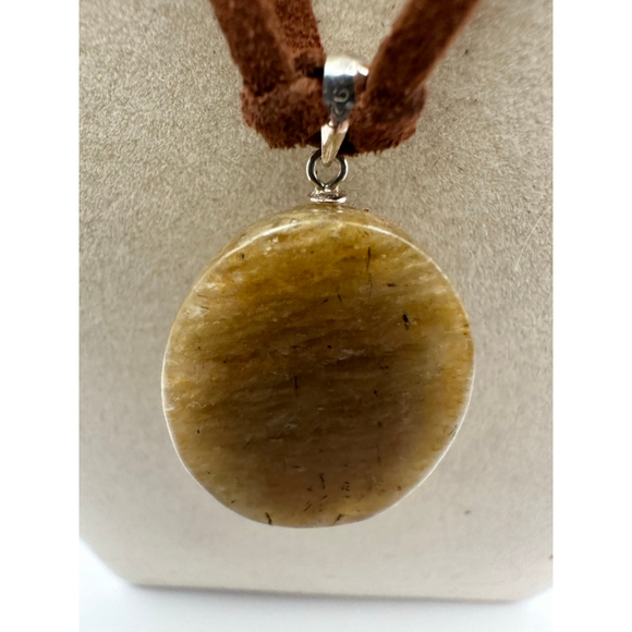Oval Thousand Layer Garden Quartz Pendant Necklace on Brown Faux Suede - Picture 5 of 10